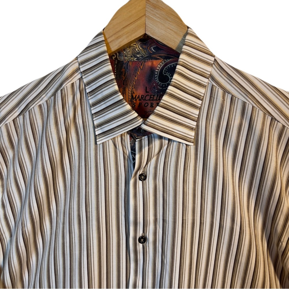 Marcello Sport Men’s L Dress Shirt Brown Stripe Paisley Contrast Cuffs Button